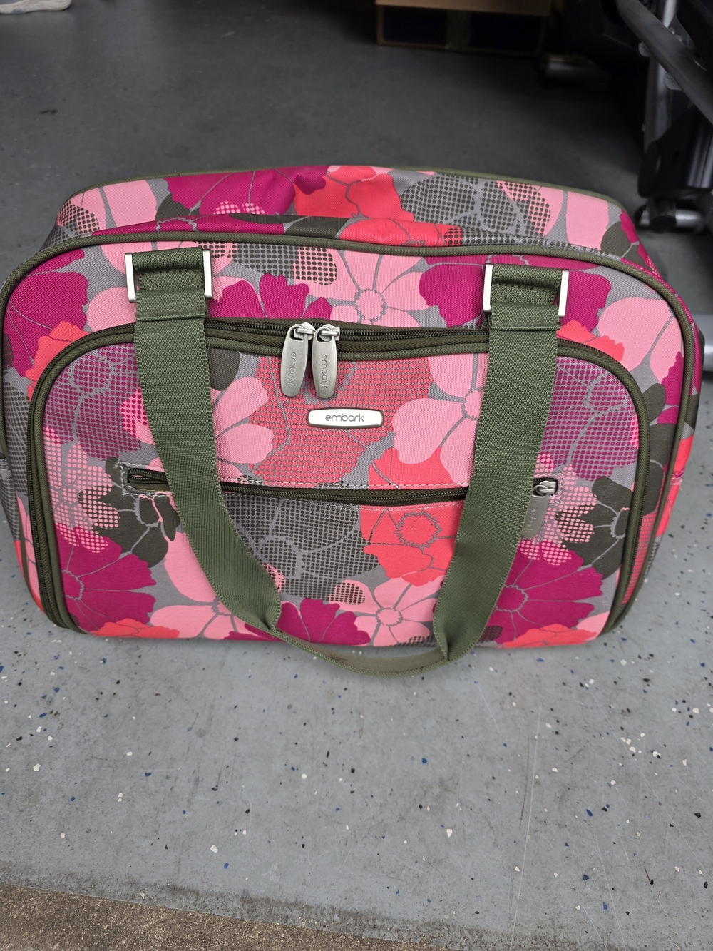 EmbarK Pink Floral Travel Tote with Olive Straps